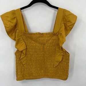 Monteau Boho Linen Blend Top Ruffle Straps Smocked Bodice Size Large